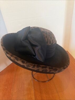 Vintage Diahann Carroll Leopard Wool Wide Brim Church Dress Hat 22.5